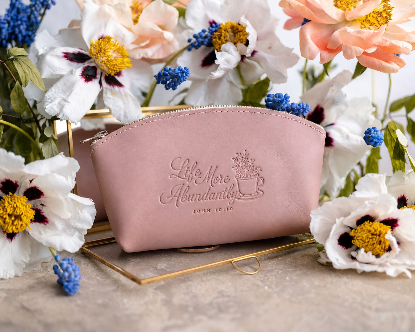 Life More Abundantly John 10:10 full-grain leather makeup bag, Christian scripture gift