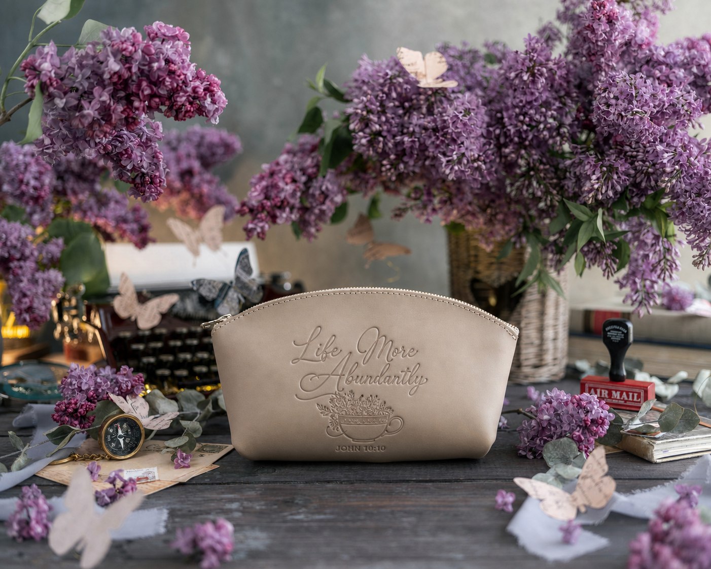 Life More Abundantly John 10:10 Gray Sand full-grain leather makeup bag, Christian scripture gift