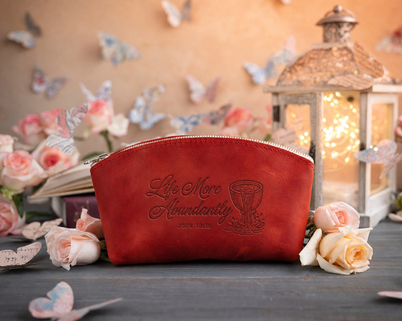 Life More Abundantly John 10:10 full-grain leather makeup bag, Christian scripture gift