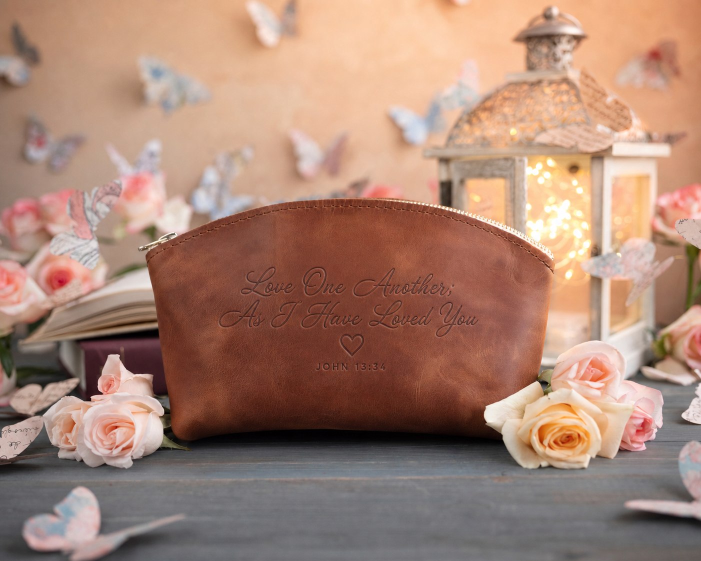 Love One Another; As I Have Loved You John 13:34 Arizona full-grain leather makeup bag, Christian scripture gift