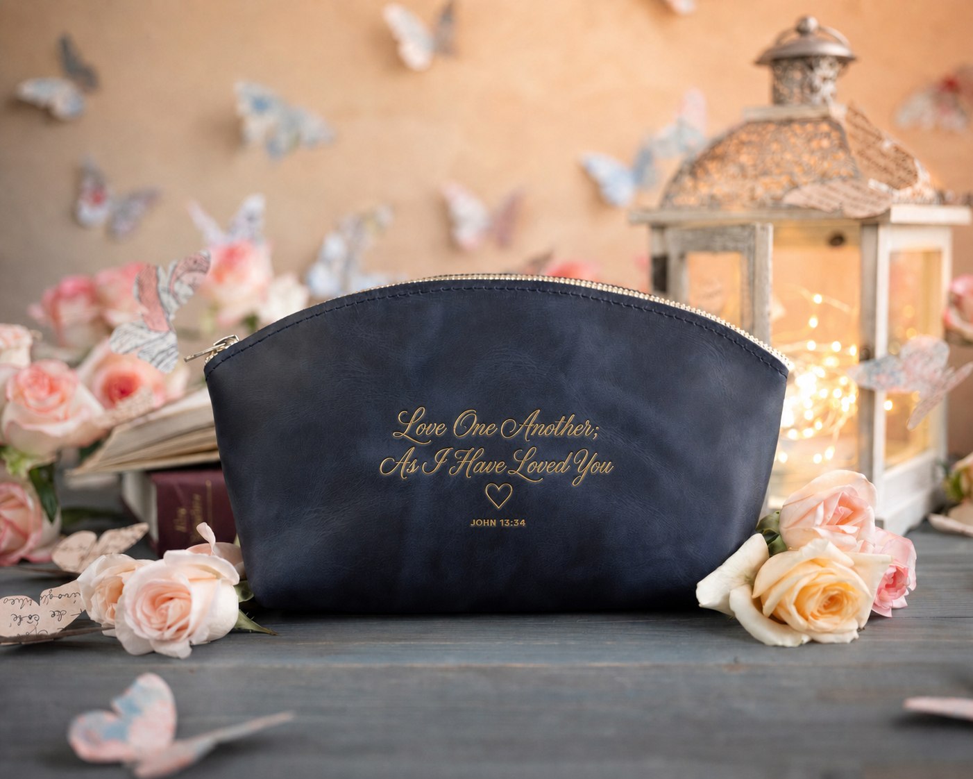 Love One Another; As I Have Loved You John 13:34 Blueberry full-grain leather makeup bag, Christian scripture gift