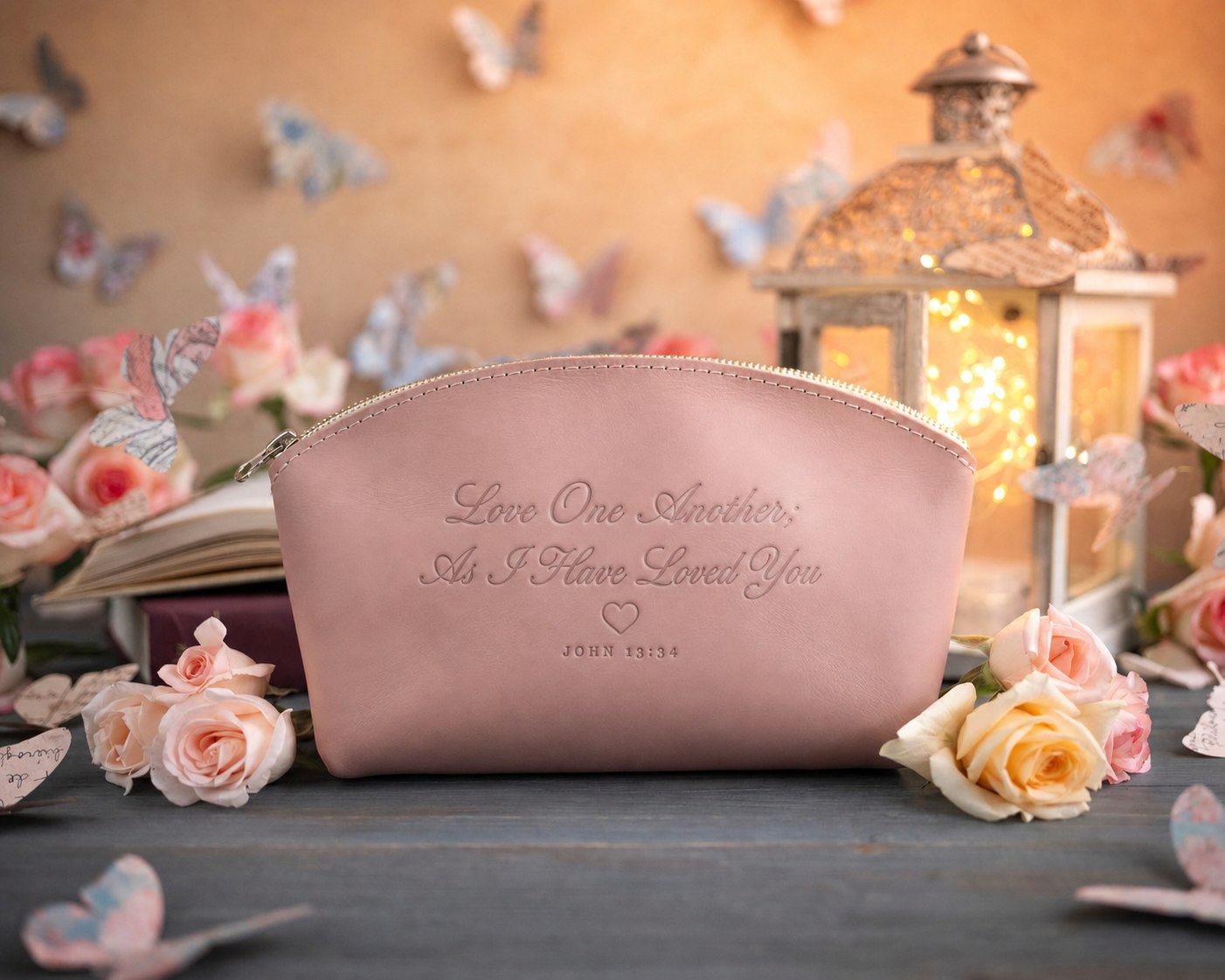 Love One Another; As I Have Loved You John 13:34 Blush full-grain leather makeup bag, Christian scripture gift