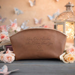 Love One Another; As I Have Loved You John 13:34 Caramel full-grain leather makeup bag, Christian scripture gift