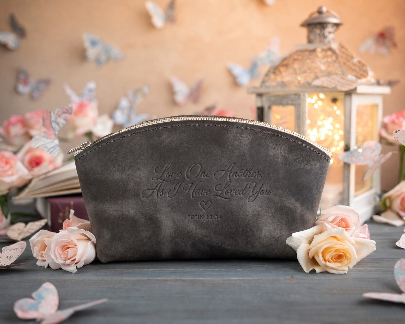 Love One Another; As I Have Loved You John 13:34 Country Gray full-grain leather makeup bag, Christian scripture gift