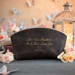 Love One Another; As I Have Loved You John 13:34 Dark Espresso full-grain leather makeup bag, Christian scripture gift