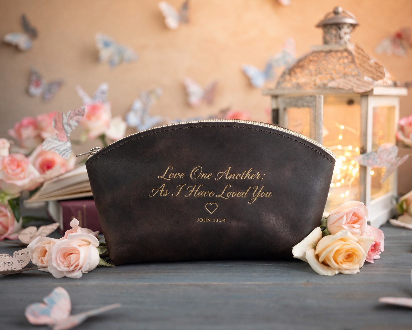 Love One Another; As I Have Loved You John 13:34 Dark Espresso full-grain leather makeup bag, Christian scripture gift