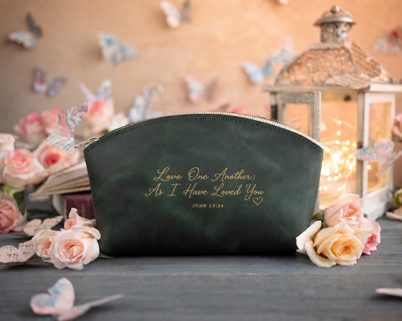 Love One Another; As I Have Loved You John 13:34 Forest Green full-grain leather makeup bag, Christian scripture gift