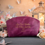 Love One Another; As I Have Loved You John 13:34 Fuchsia full-grain leather makeup bag, Christian scripture gift