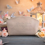 Love One Another; As I Have Loved You John 13:34 Gray Sand full-grain leather makeup bag, Christian scripture gift