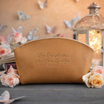 Love One Another; As I Have Loved You John 13:34 Indian Summer full-grain leather makeup bag, Christian scripture gift