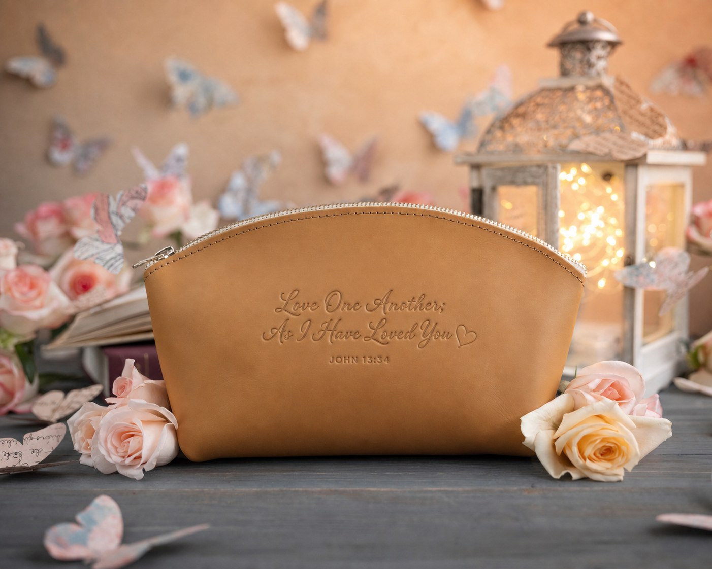 Love One Another; As I Have Loved You John 13:34 Indian Summer full-grain leather makeup bag, Christian scripture gift