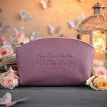 Love One Another; As I Have Loved You John 13:34 Lilac full-grain leather makeup bag, Christian scripture gift