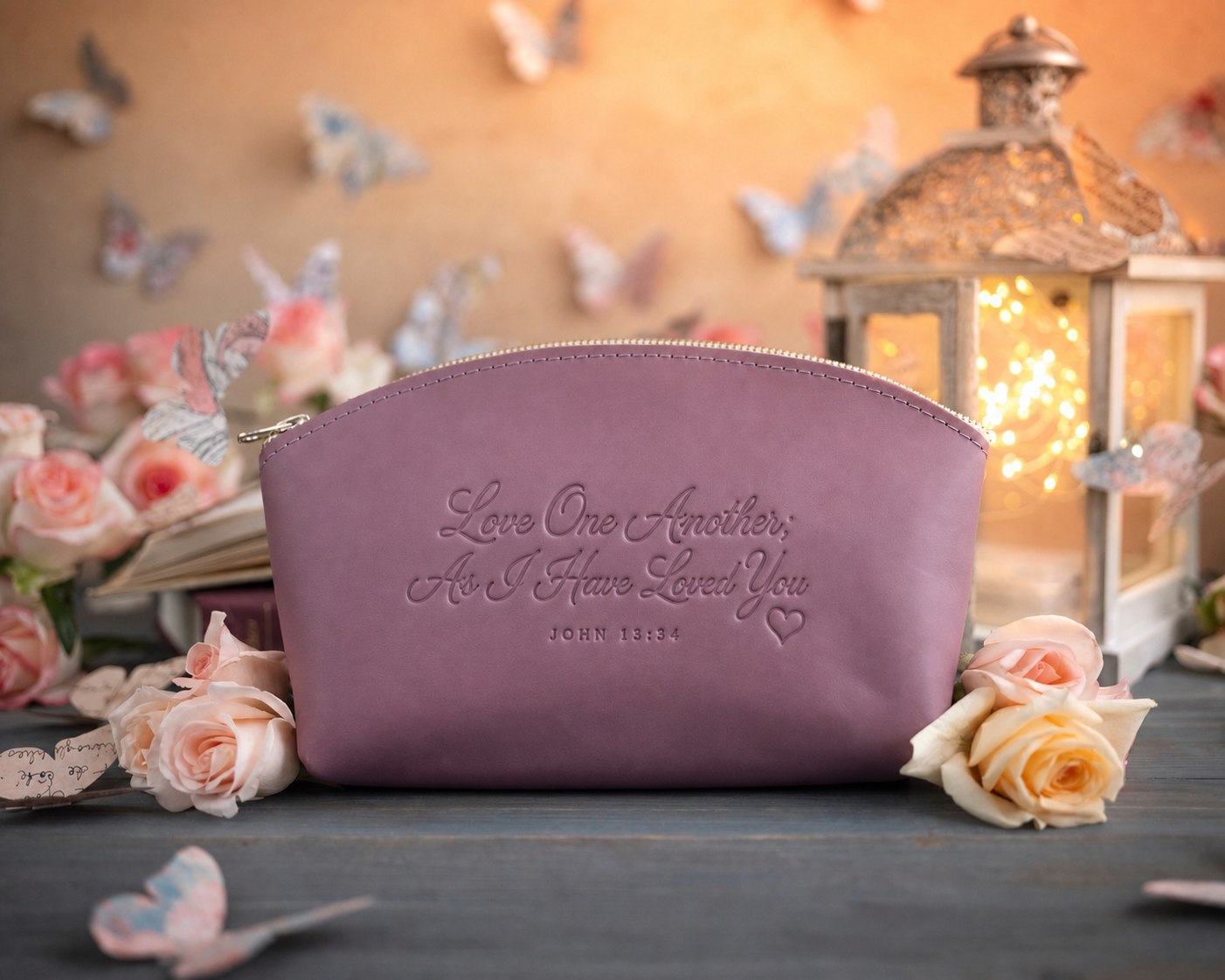 Love One Another; As I Have Loved You John 13:34 Lilac full-grain leather makeup bag, Christian scripture gift