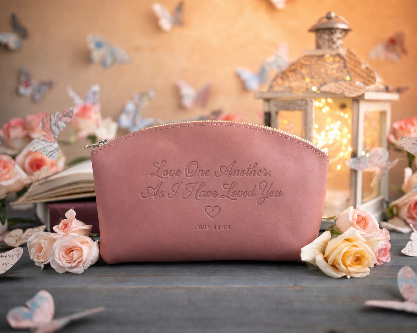 Love One Another; As I Have Loved You John 13:34 Parisian Blossom full-grain leather makeup bag, Christian scripture gift