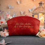 Love One Another; As I Have Loved You John 13:34 Poppy Red full-grain leather makeup bag, Christian scripture gift