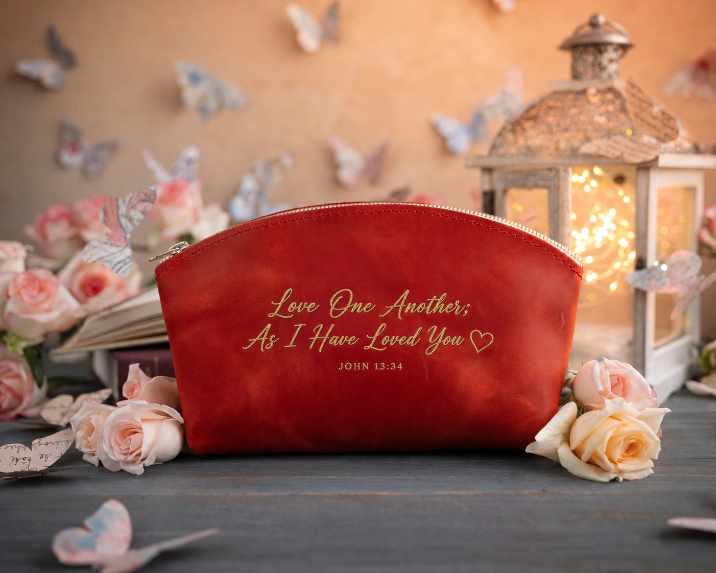 Love One Another; As I Have Loved You John 13:34 Poppy Red full-grain leather makeup bag, Christian scripture gift
