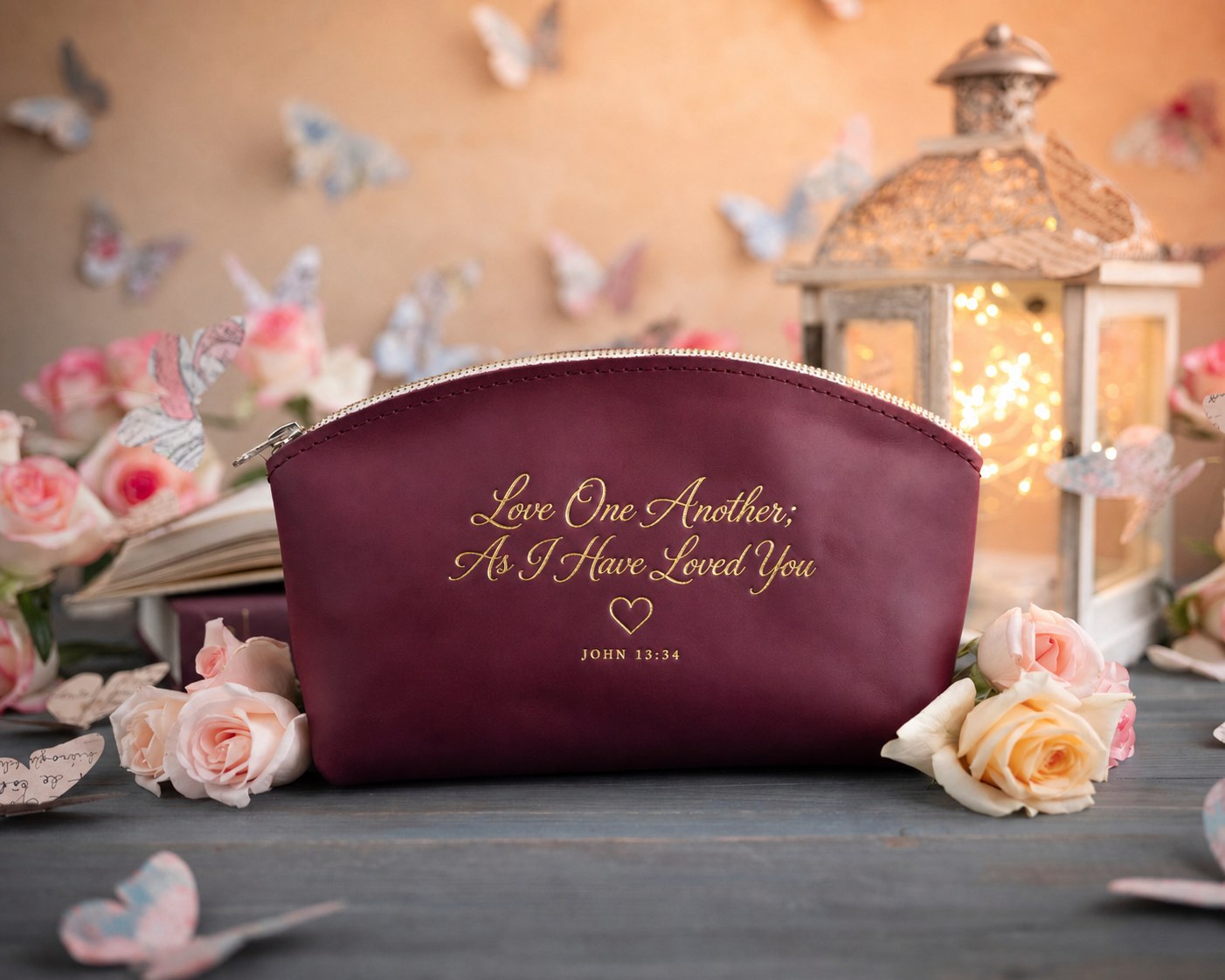 Love One Another; As I Have Loved You John 13:34 Sangria full-grain leather makeup bag, Christian scripture gift
