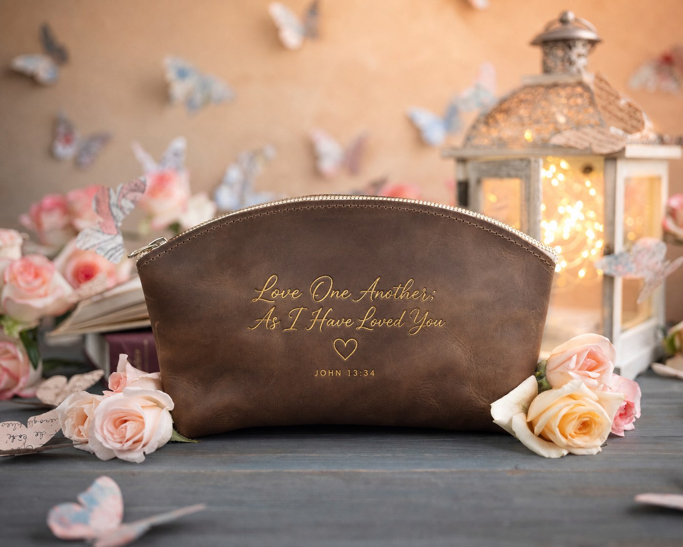 Love One Another; As I Have Loved You John 13:34 Sicilian Brown full-grain leather makeup bag, Christian scripture gift