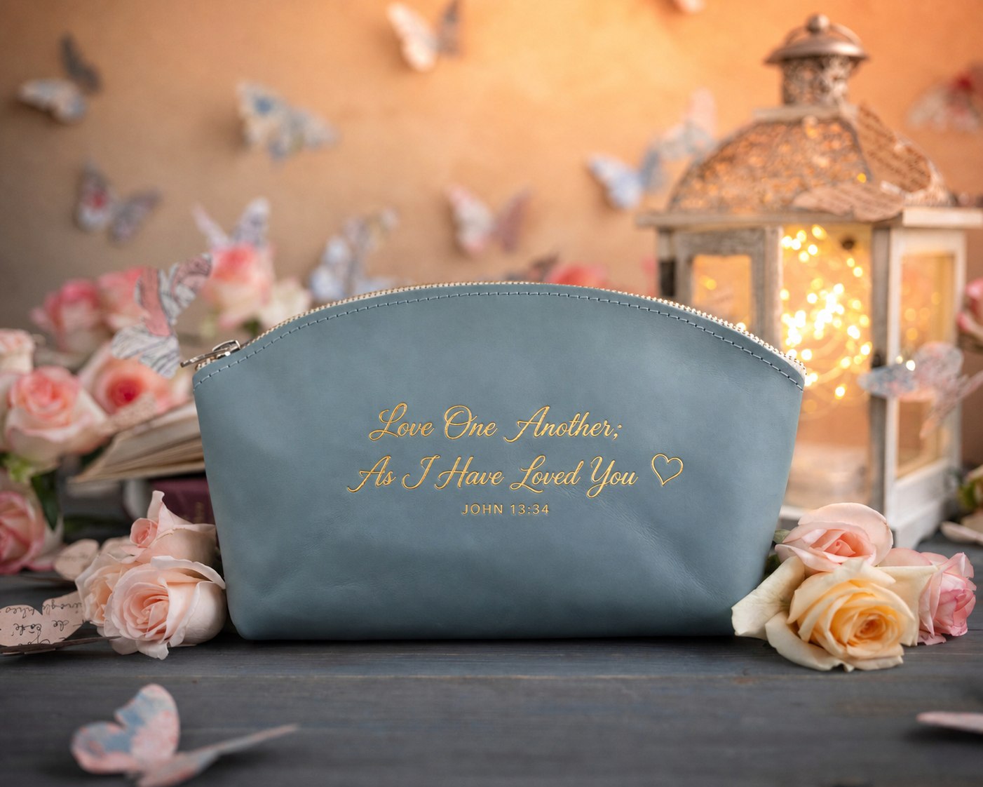 Love One Another; As I Have Loved You John 13:34 Turquoise full-grain leather makeup bag, Christian scripture gift