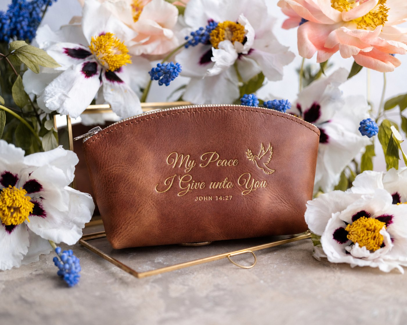 My Peace I Give Unto You John 14:27 full-grain leather makeup bag, Christian scripture gift