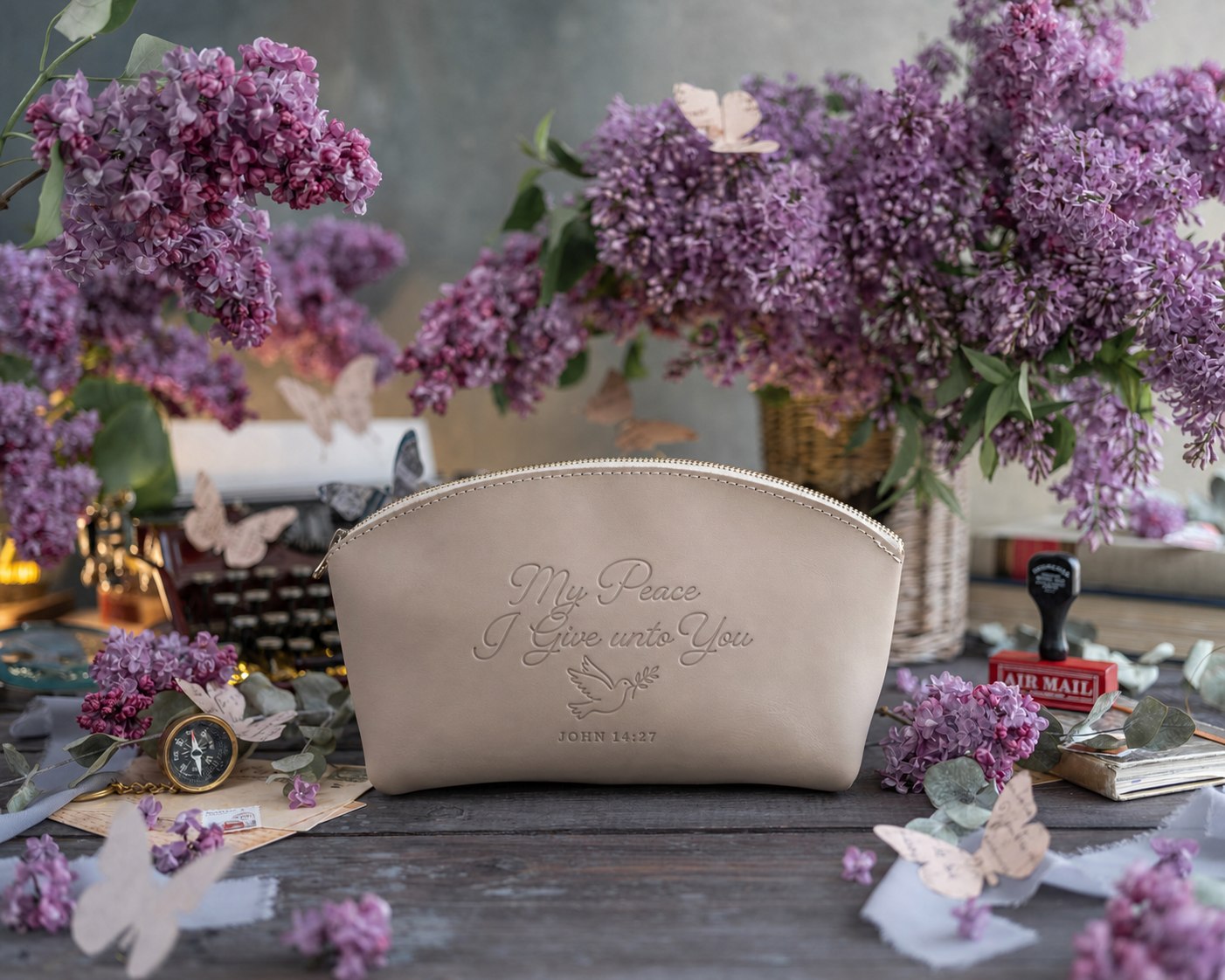 My Peace I Give Unto You John 14:27 Gray Sand full-grain leather makeup bag, Christian scripture gift