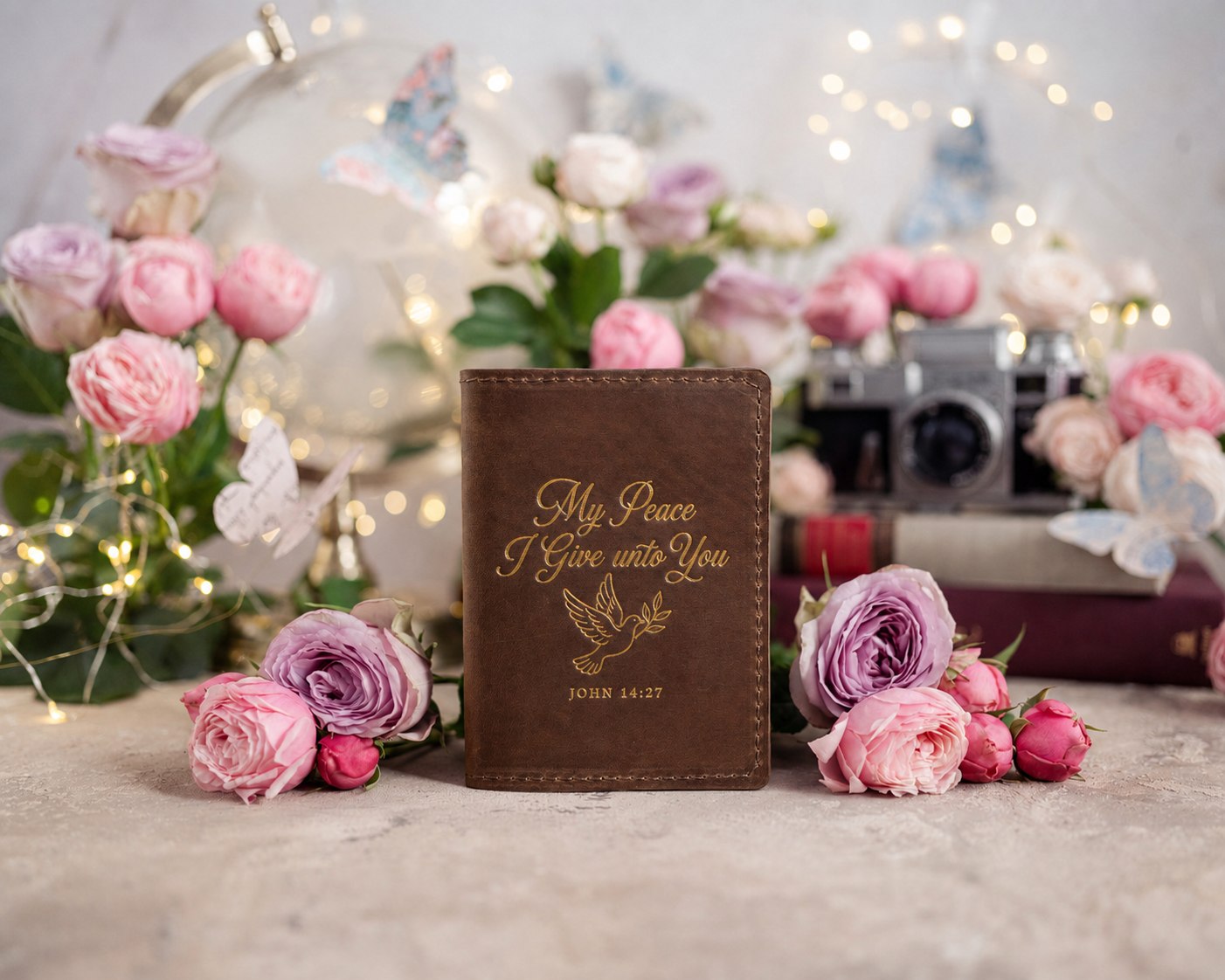 My Peace I Give Unto You John 14:27 Sicilian Brown full-grain leather passport cover, Christian scripture gift