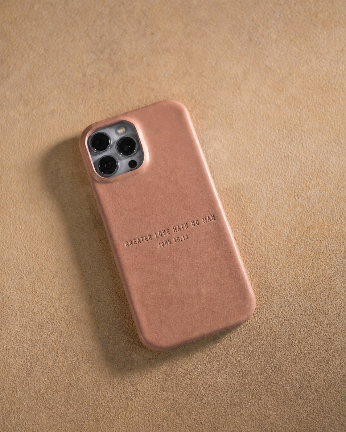 Greater Love Hath No Man John 15:13 handcrafted leather iPhone case, Christian scripture gift