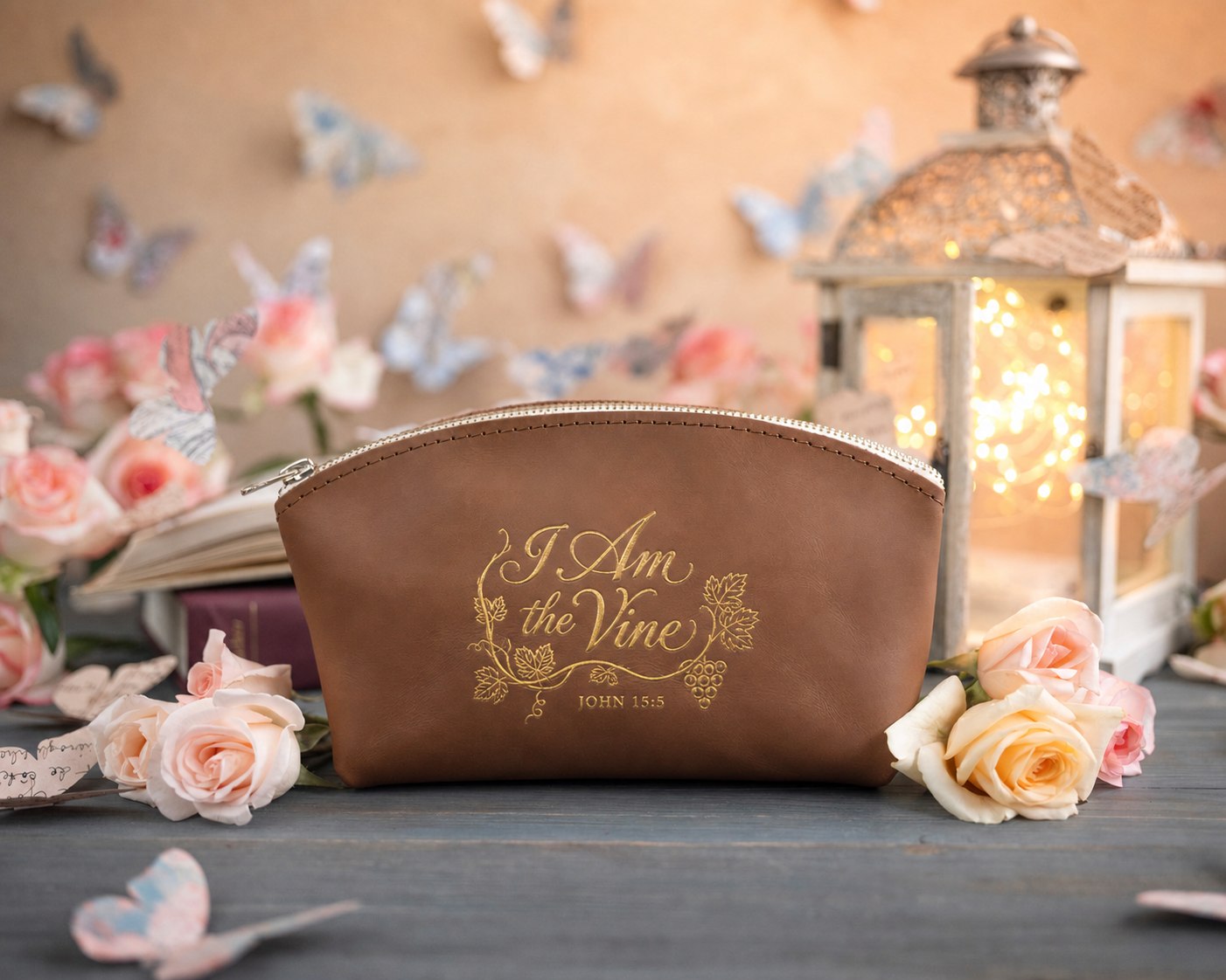 I Am The Vine John 15:5 Caramel full-grain leather makeup bag, Christian scripture gift