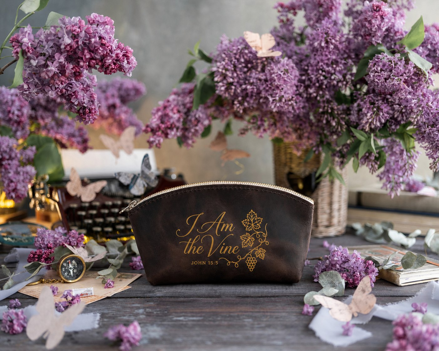 I Am The Vine John 15:5 Dark Espresso full-grain leather makeup bag, Christian scripture gift