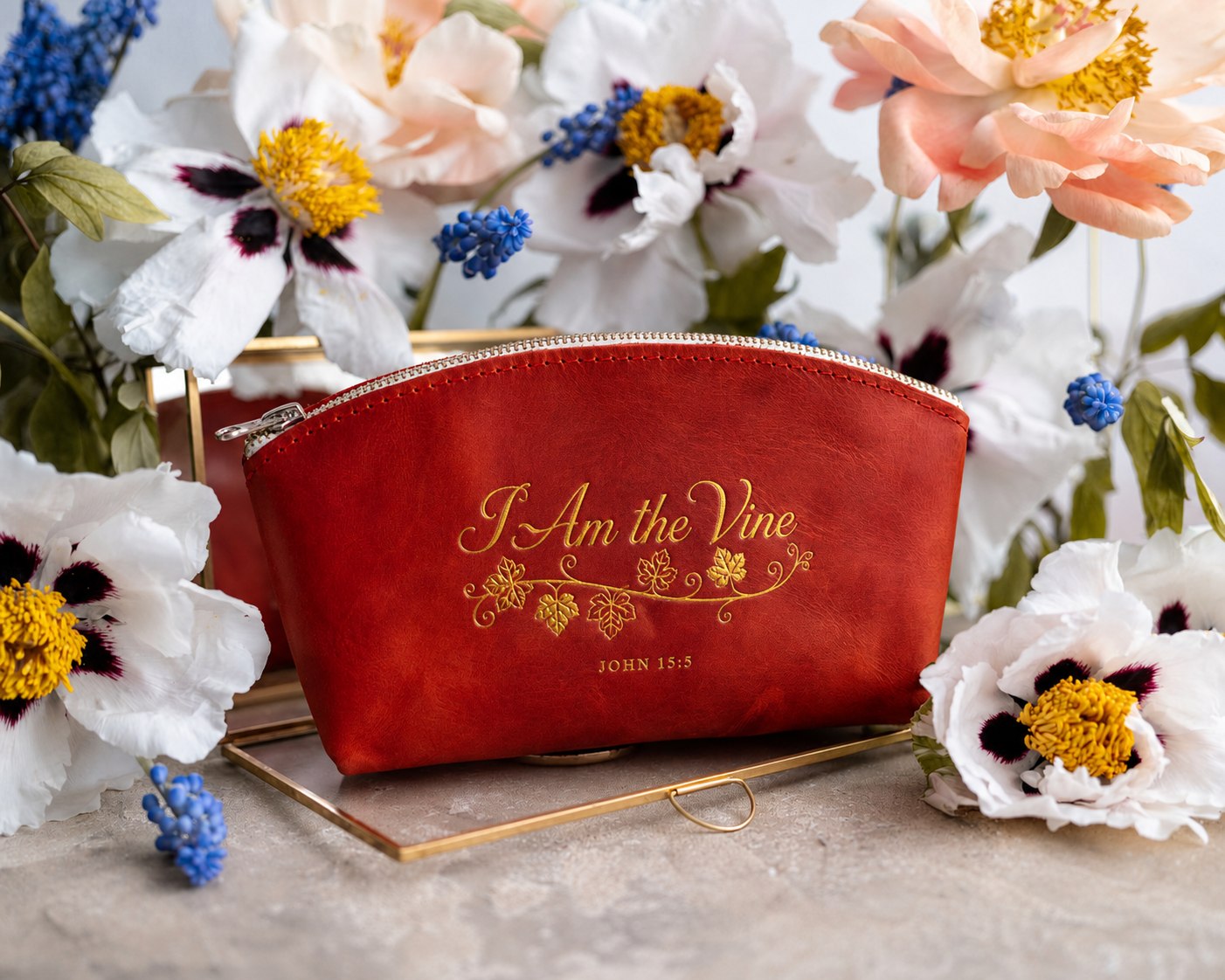 I Am The Vine John 15:5 full-grain leather makeup bag, Christian scripture gift