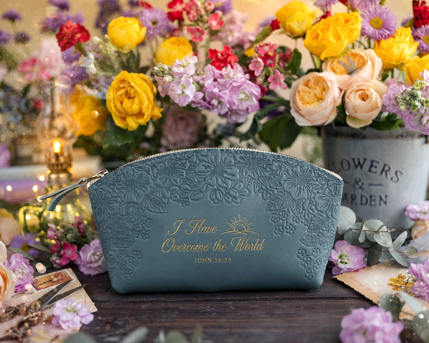 I Have Overcome The World John 16:33 full-grain leather makeup bag, Christian scripture gift