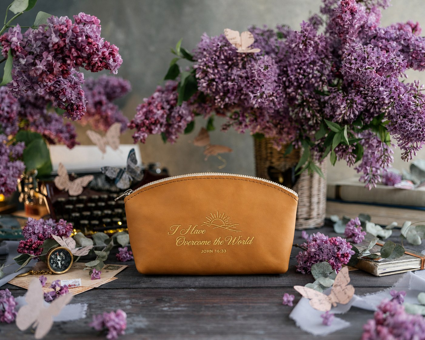 I Have Overcome The World John 16:33 Indian Summer full-grain leather makeup bag, Christian scripture gift