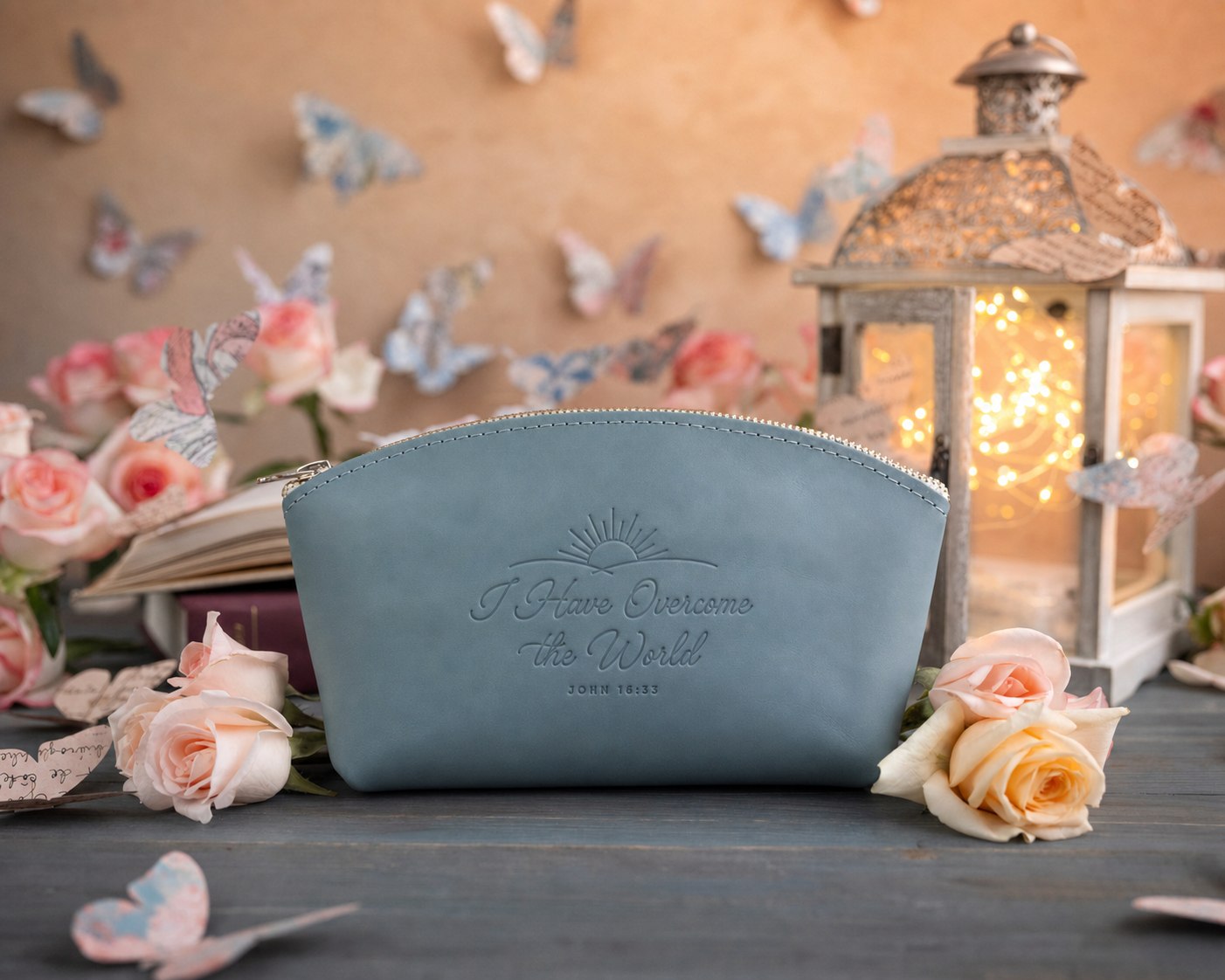 I Have Overcome The World John 16:33 Turquoise full-grain leather makeup bag, Christian scripture gift