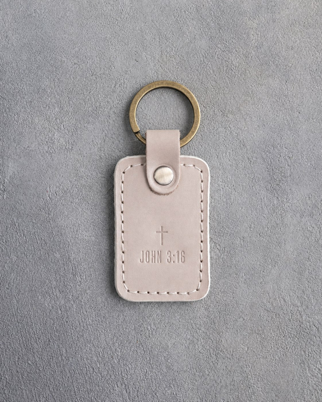 John 3:16 Gray Sand handcrafted leather keychain, Christian scripture gift