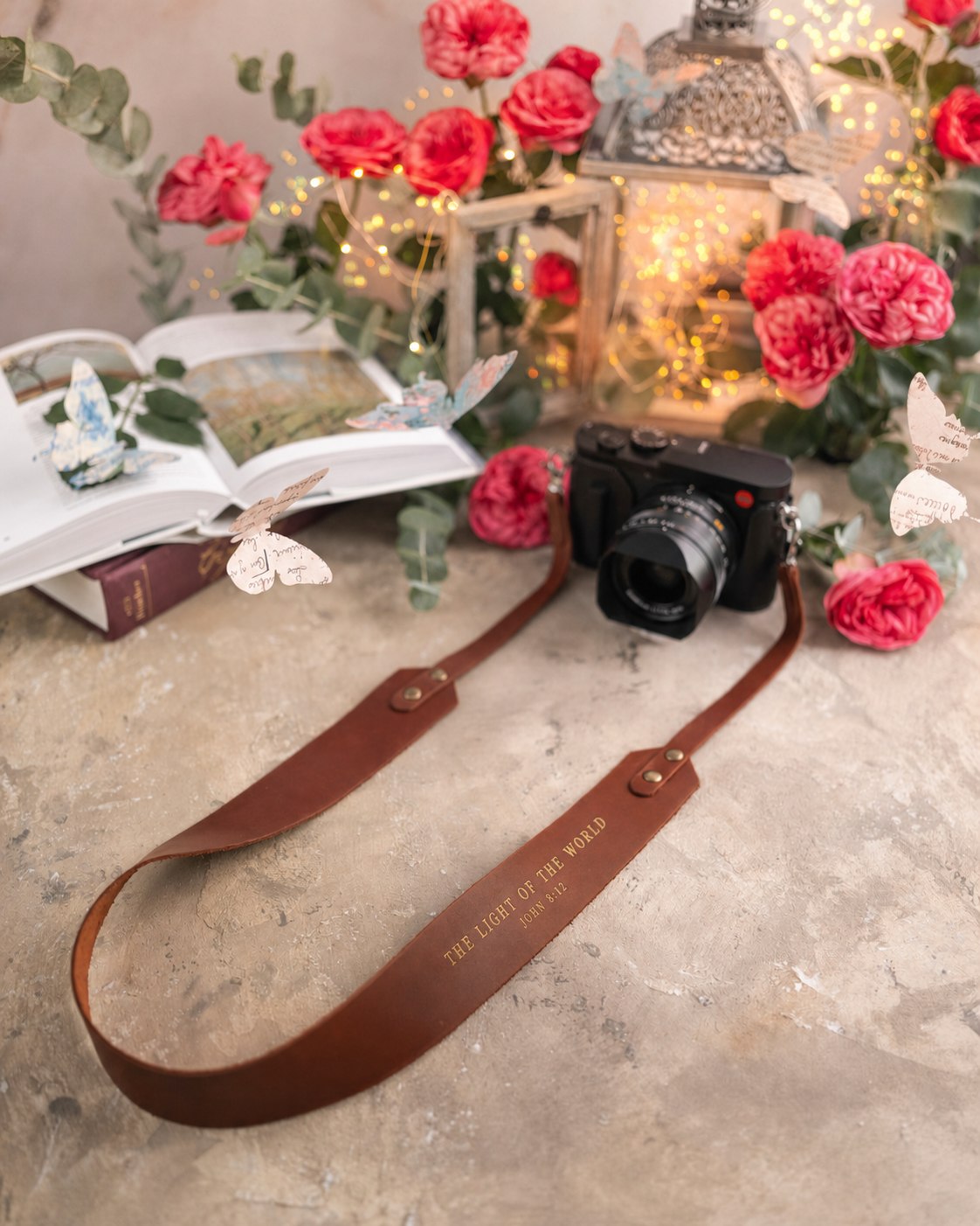The Light Of The World John 8:12 Arizona full-grain leather camera strap, Christian scripture gift