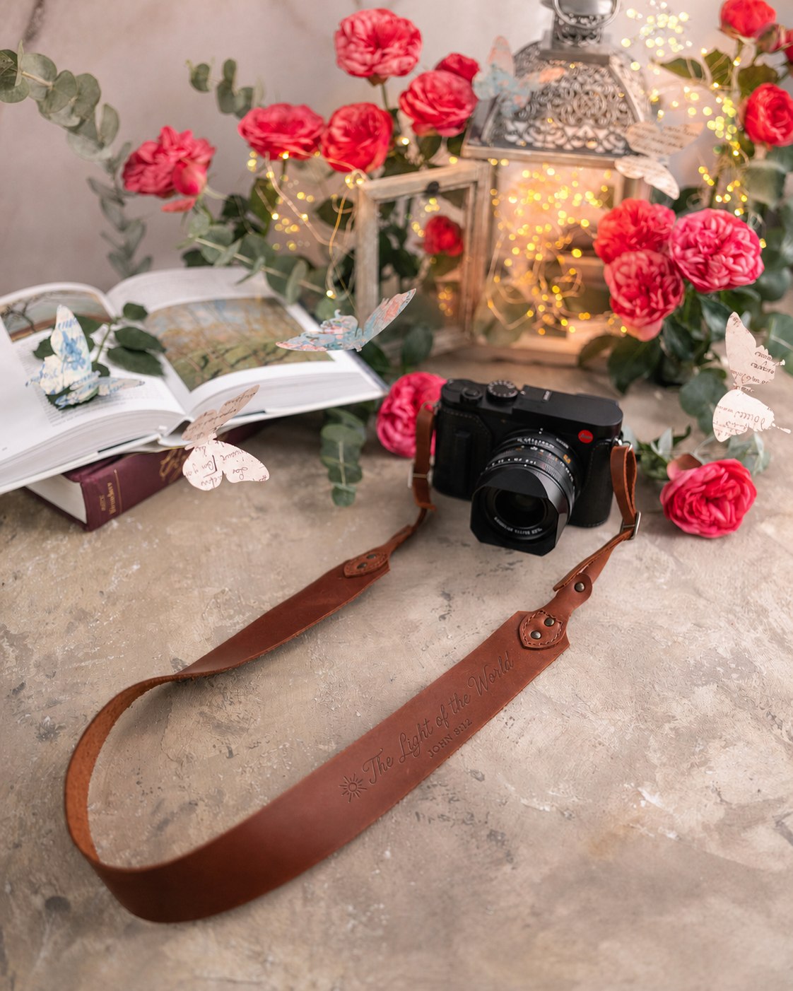 The Light Of The World John 8:12 Arizona full-grain leather camera strap, Christian scripture gift