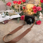 The Light Of The World John 8:12 Caramel full-grain leather camera strap, Christian scripture gift