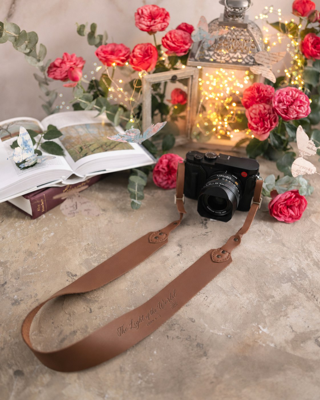 The Light Of The World John 8:12 Caramel full-grain leather camera strap, Christian scripture gift