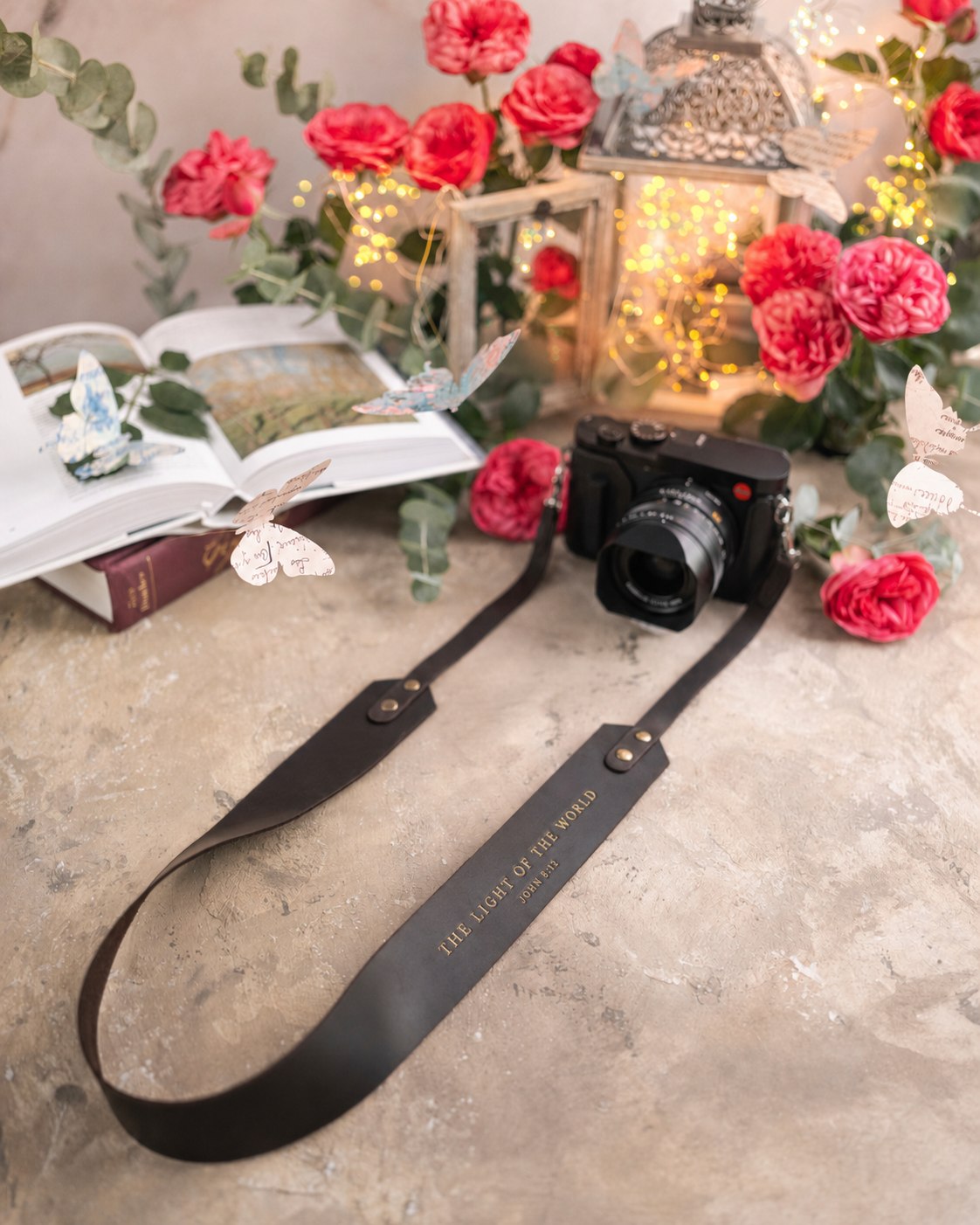 The Light Of The World John 8:12 Dark Espresso full-grain leather camera strap, Christian scripture gift