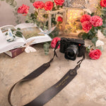 The Light Of The World John 8:12 Dark Espresso full-grain leather camera strap, Christian scripture gift