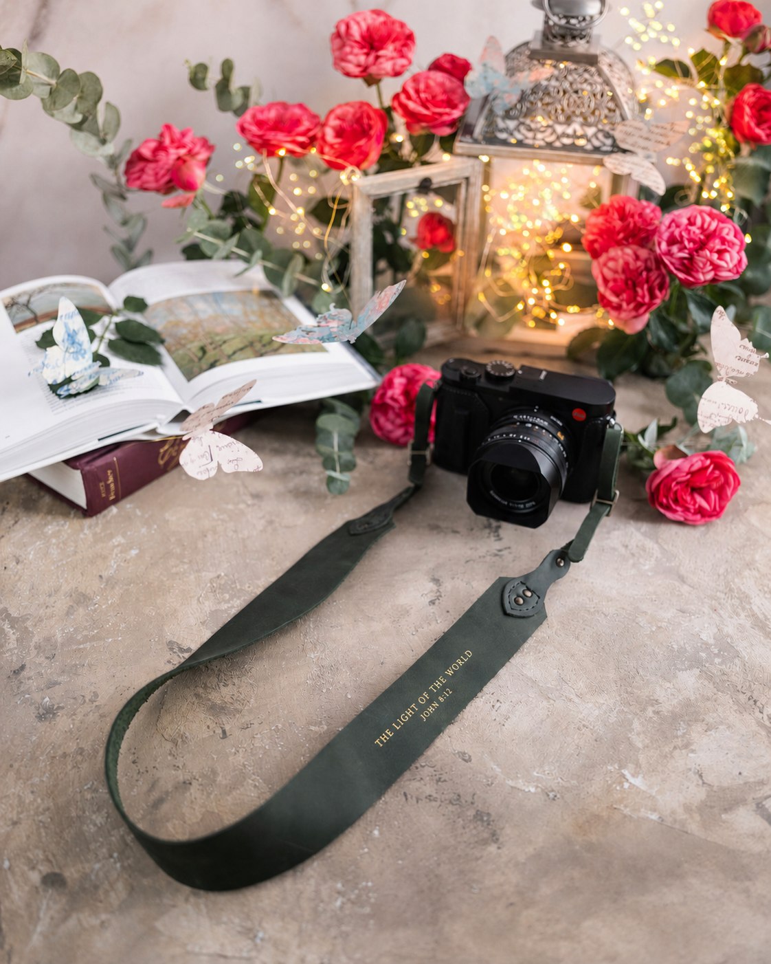 The Light Of The World John 8:12 Forest Green full-grain leather camera strap, Christian scripture gift