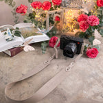 The Light Of The World John 8:12 Gray Sand full-grain leather camera strap, Christian scripture gift