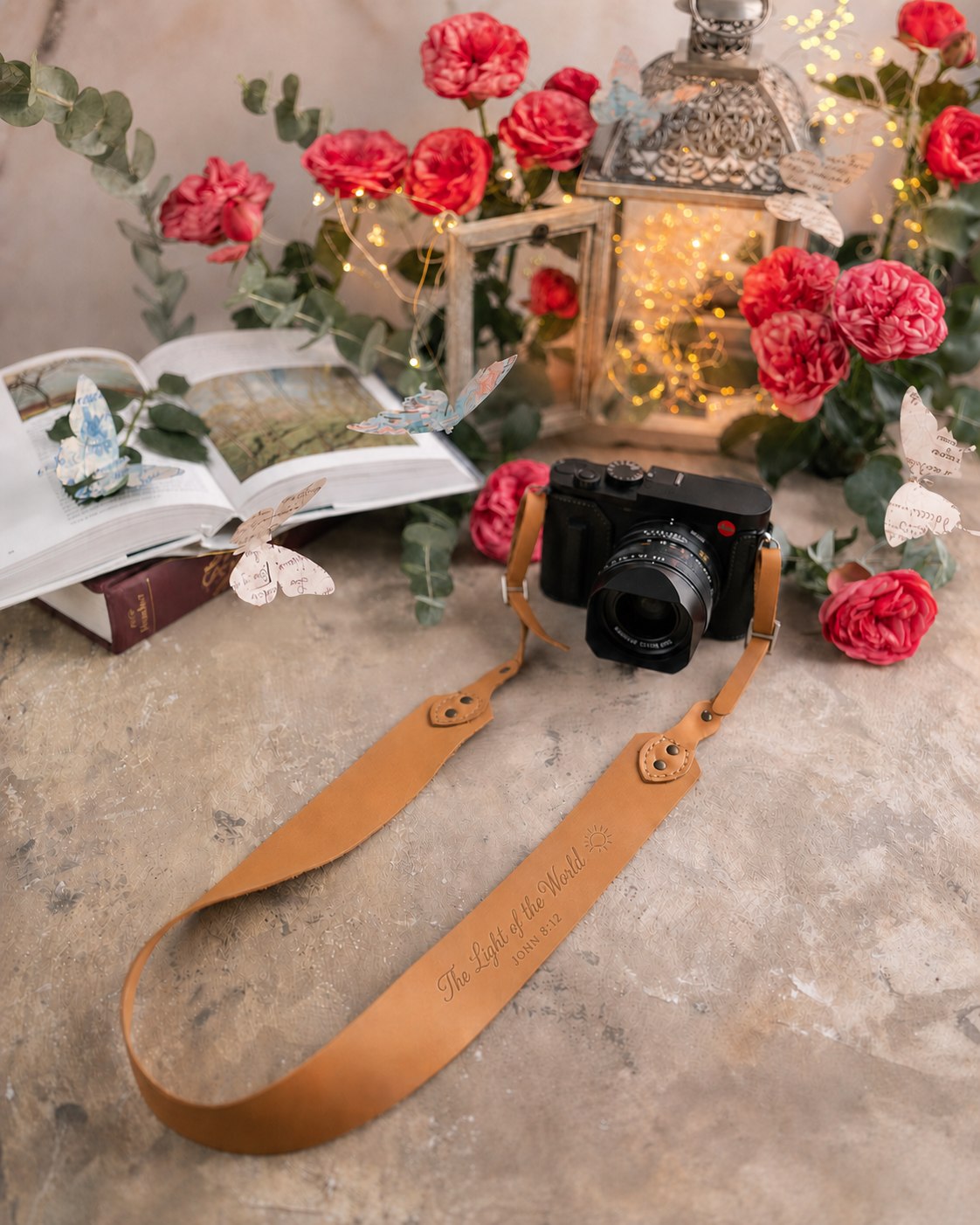 The Light Of The World John 8:12 Indian Summer full-grain leather camera strap, Christian scripture gift