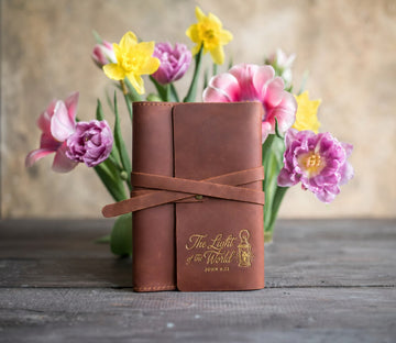 John 8:12 leather journal – "the light of the world" bible verse gift
