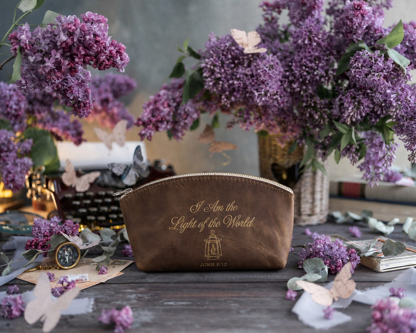 The Light Of The World John 8:12 Sicilian Brown full-grain leather makeup bag, Christian scripture gift