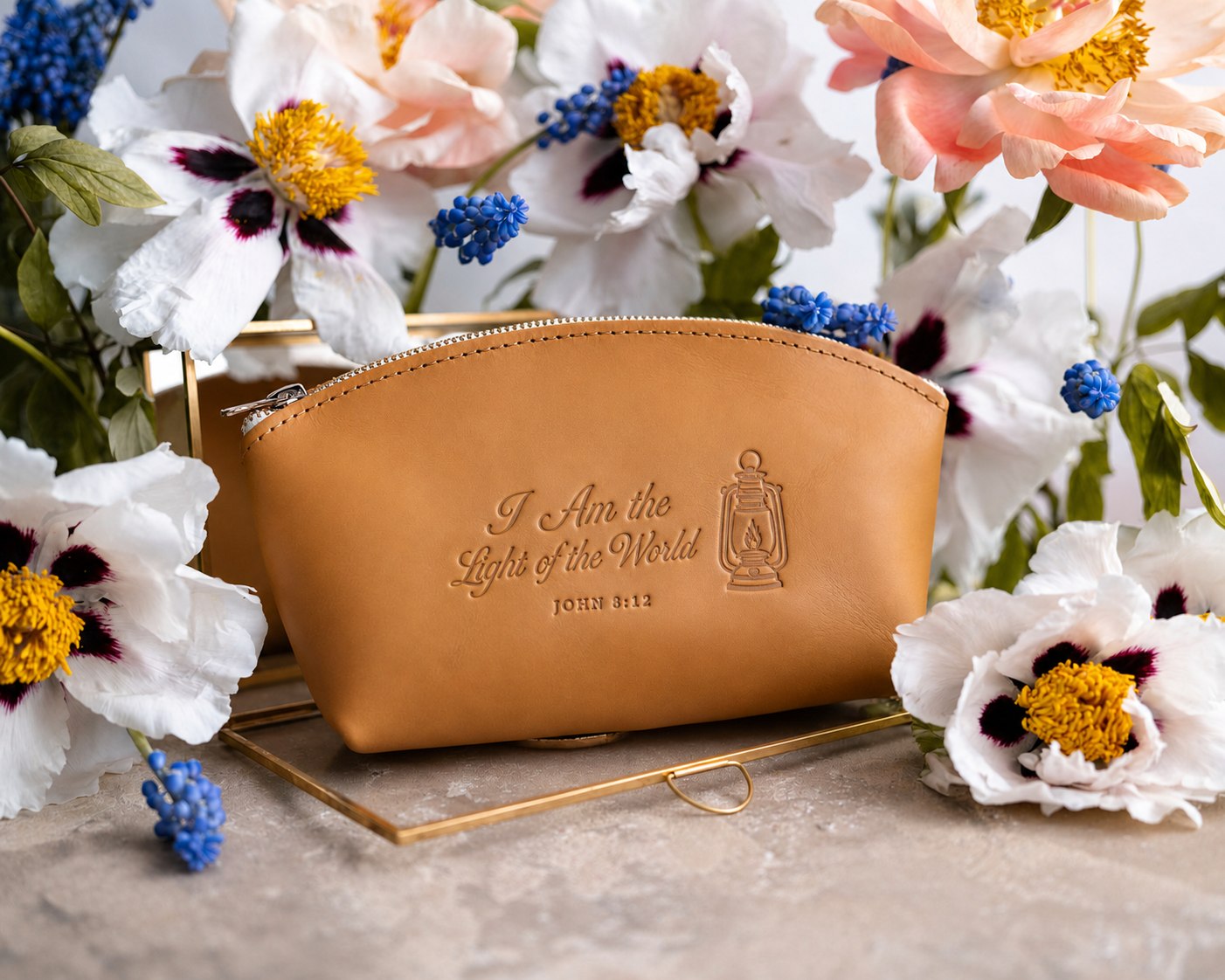 The Light Of The World John 8:12 full-grain leather makeup bag, Christian scripture gift