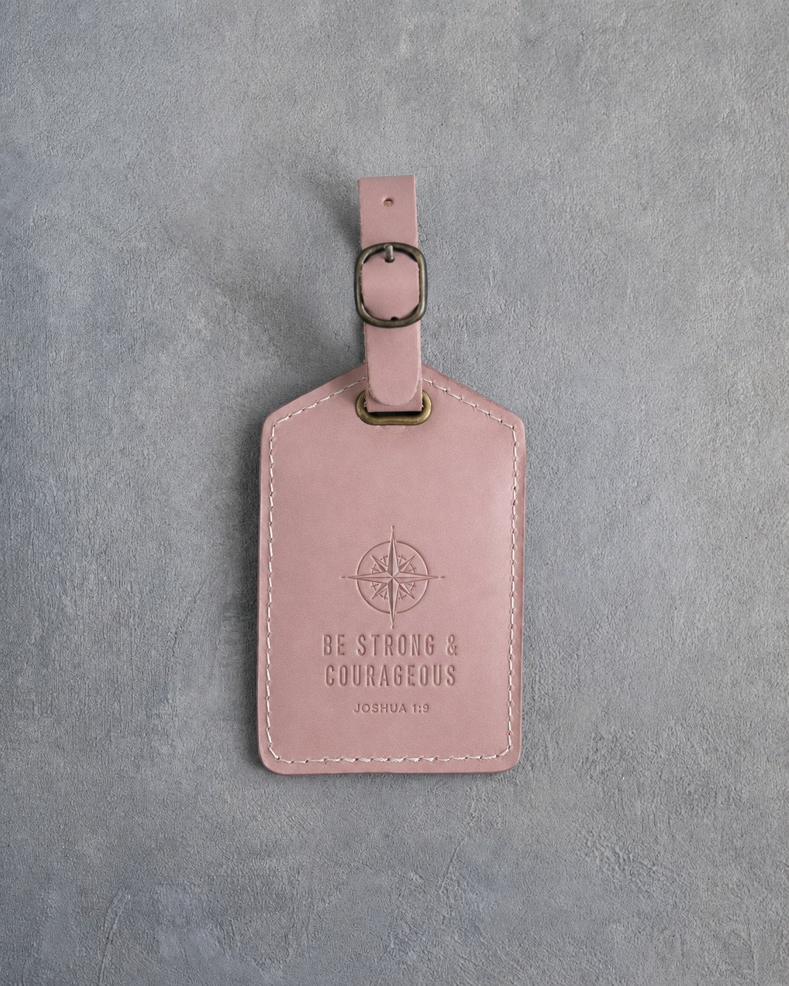 Be Strong & Courageous Joshua 1:9 Blush full-grain leather luggage tag, Christian scripture gift
