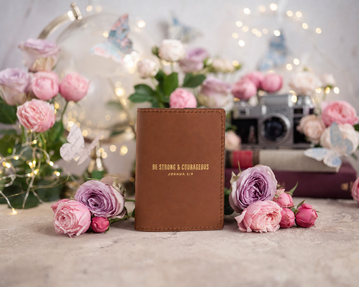 Be Strong & Courageous Joshua 1:9 Caramel full-grain leather passport cover, Christian scripture gift