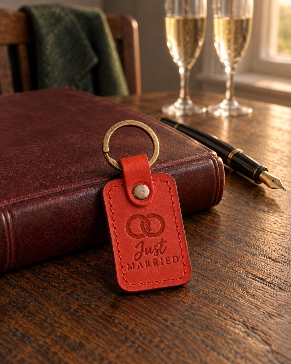 Just MARRIED keychain in bright red leather on a dark oak table beside a closed leather register and a fountain pen