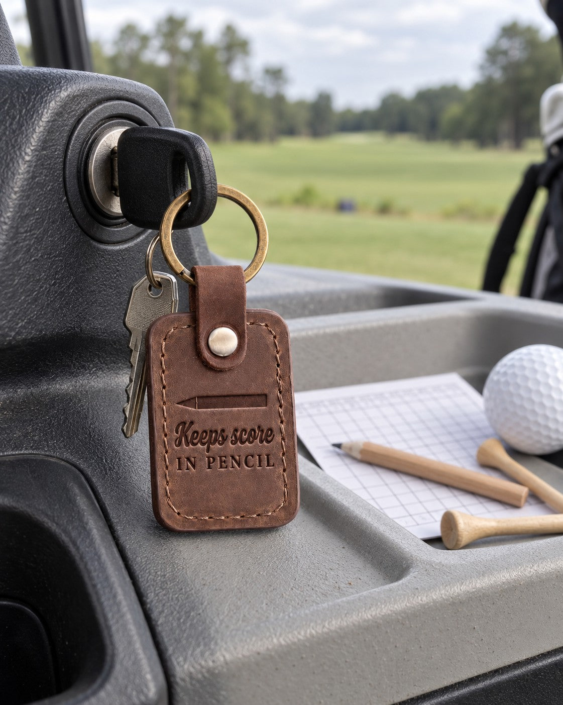 Keeps Score in Pencil keychain in brown leather on an open golf journal beside a short scorecard pencil